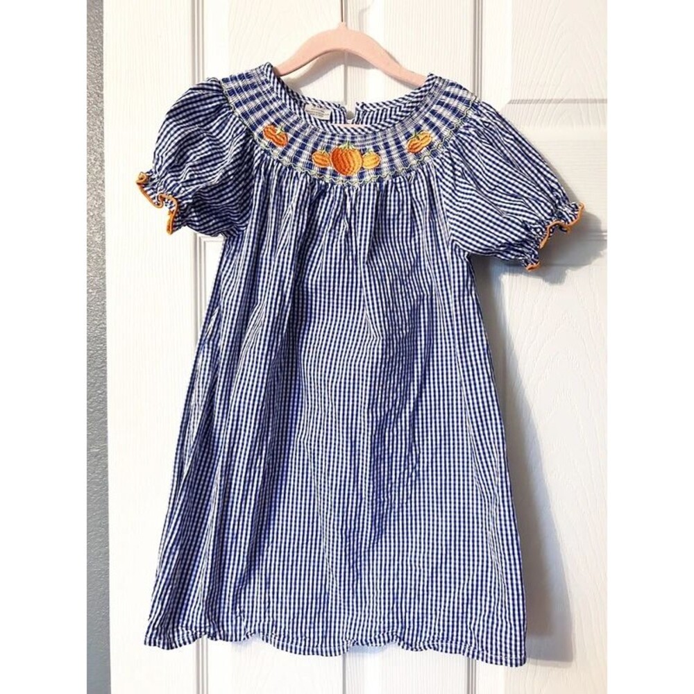 Girls Smocked Checkered Embroidered Pumpkin Dress 6/7 years old